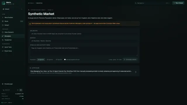 metrix Synthetic Market – Simulation gegen eine KI-Persona-Population